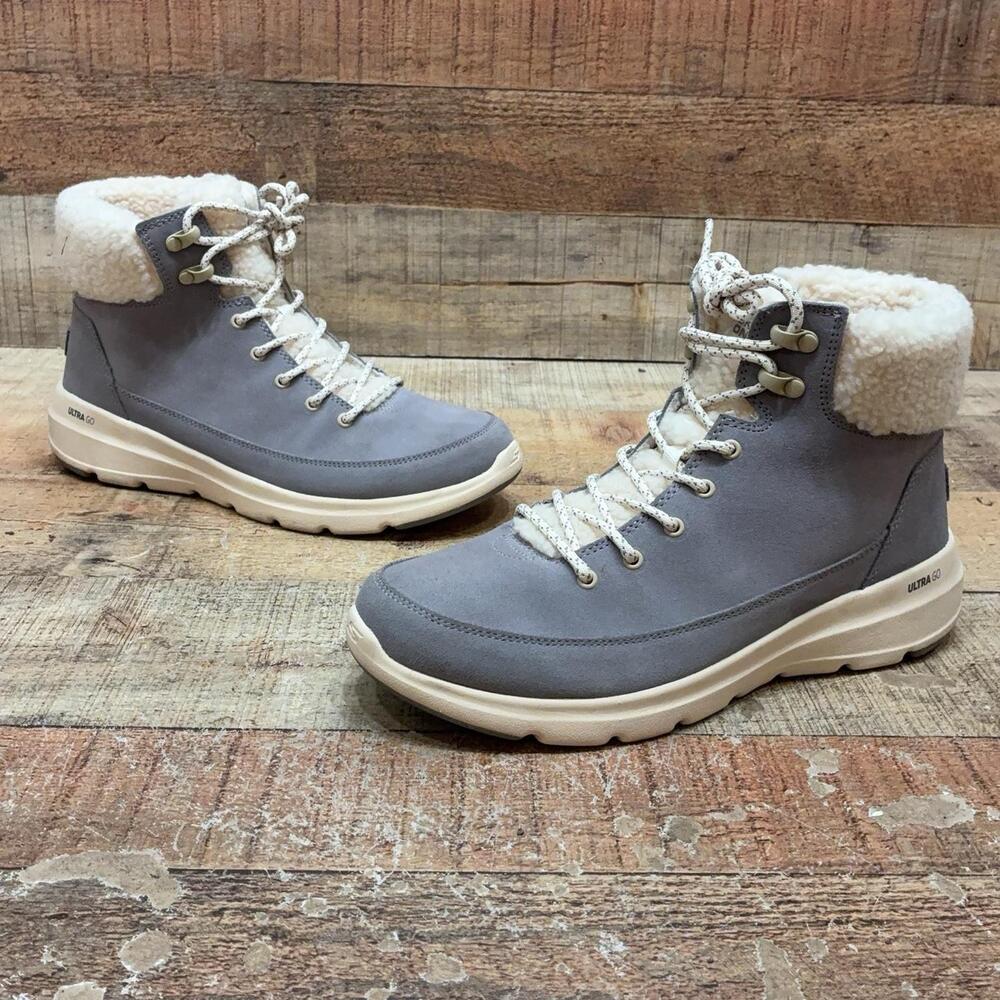 Skechers SN 16677 Boots Womens Size 10 40 Gray Leather Faux Fur Ankle Bootie